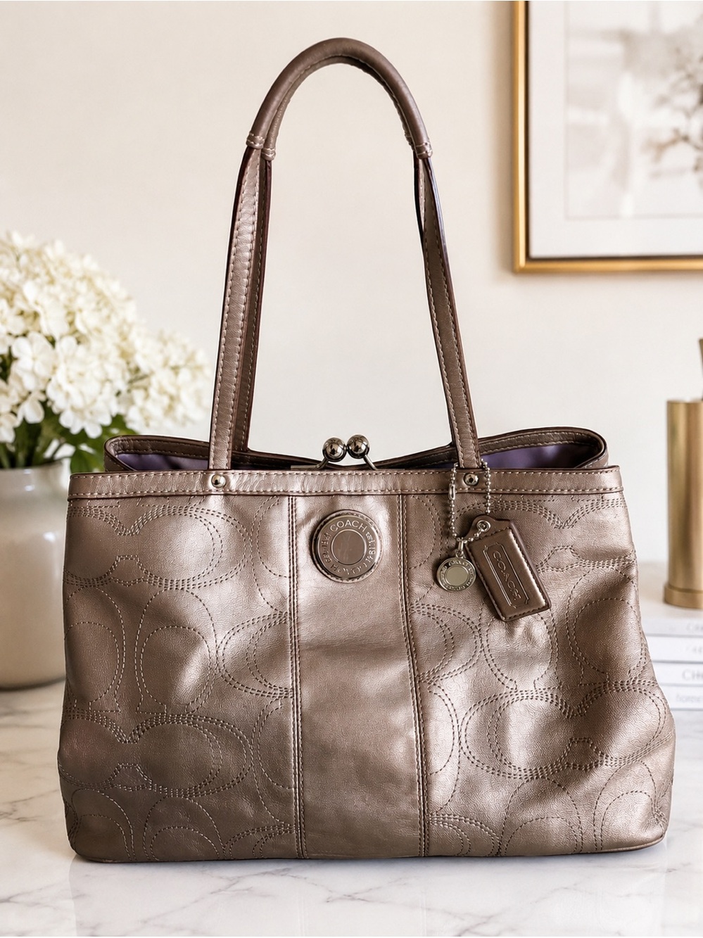 Coach Metallic Taupe Leather Tote Bag